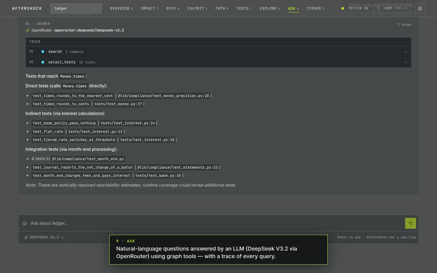 Ask page answering which tests reach Money.times, with a tool trace